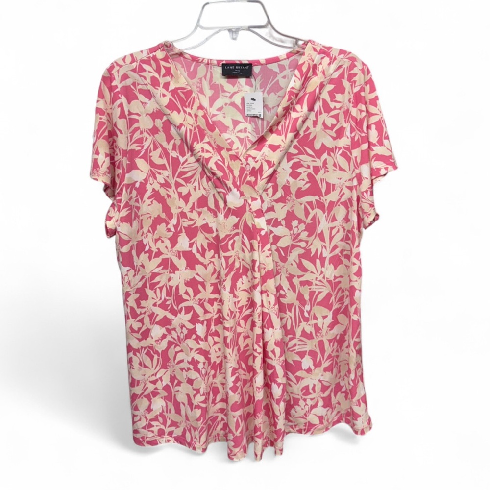 Lane Bryant Pink Floral Draped V-Neck Top Short Sleeve Stretch Size 14/16 - Picture 2 of 8